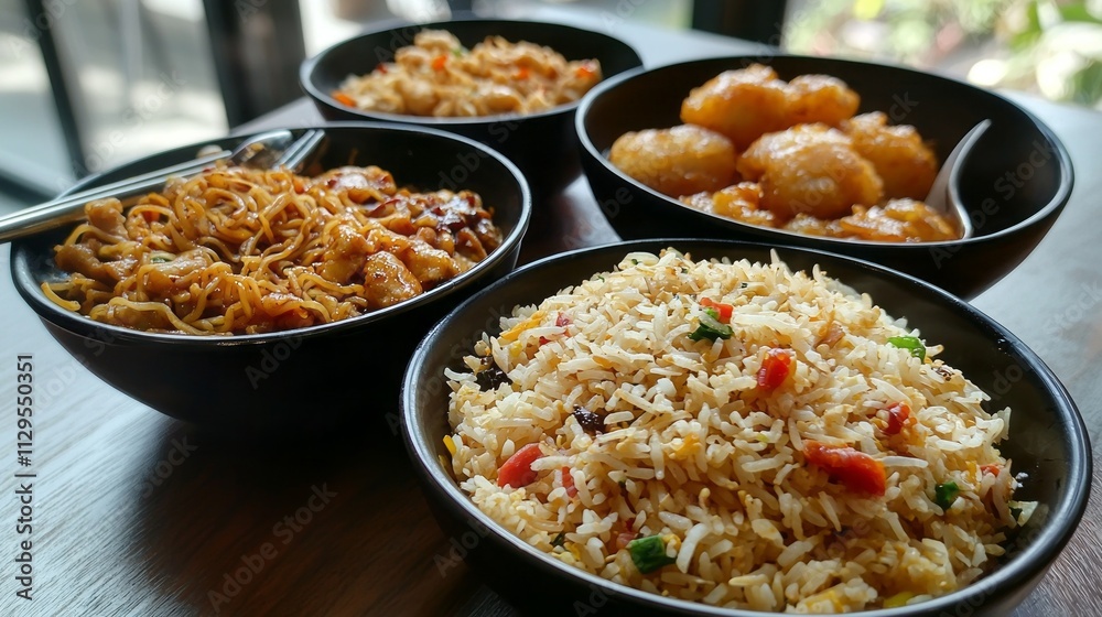 Relish in a delightful spread of Indo-Chinese dishes featuring stir-fried noodles, fried rice, and sweet treats, perfect for a communal dining experience among friends Relish in a delightful spread of Indo-Chinese dishes featuring stir-fried noodles, fried rice, and sweet treats, perfect for a communal dining experience among friends