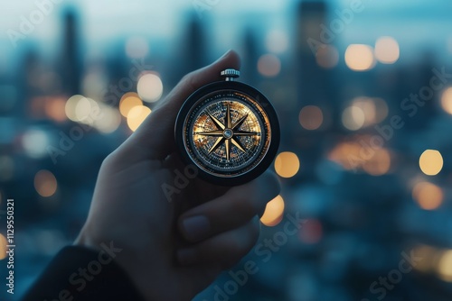 Holding a compass against a city skyline at dusk reveals direction and adventure