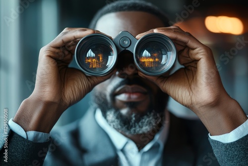 Man observing city skyline through binoculars while wearing a suit in an urban setting during daylight