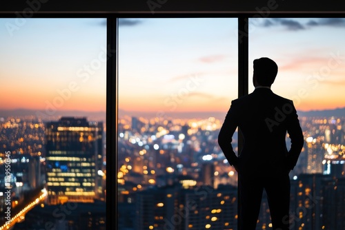 Businessman gazes at city skyline during twilight from a modern high-rise office