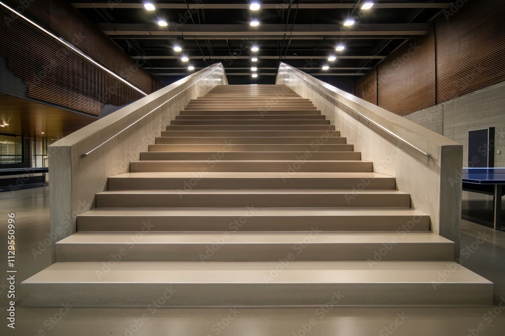 Fototapeta premium A wide staircase in a table tennis stadium, featuring polished concrete steps, clean lines, and subtle lighting for an intimate yet modern feel