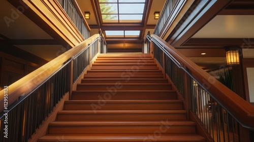 A wooden staircase with a warm natural finish  minimalist metal railings  and a skylight above in a modern Craftsman home