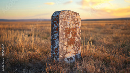 
Solitary Gravestone in Serene Sunset Light Against Golden Field