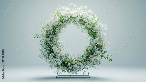 Elegant White Floral Funeral Wreath on Geometric Stand Against Blue-Green