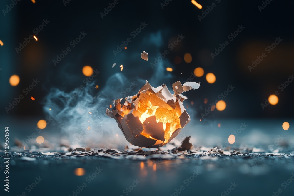 Explosive orange light bursts from a cracked egg shell surrounded by smoke and debris in a dimly lit setting Explosive orange light bursts from a cracked egg shell surrounded by smoke and debris in a dimly lit setting