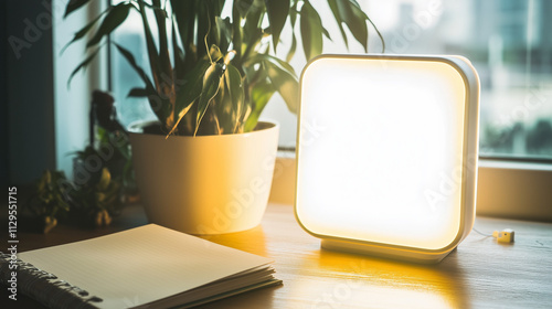 Illuminated therapy lamp and potted plant on a desk for Seasonal Affective Disorder (SAD) treatment photo