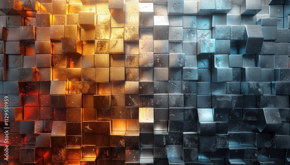 A wall of cubes with a red and orange section and a blue and silver section A wall of cubes with a red and orange section and a blue and silver section