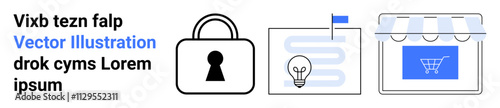 Padlock icon representing security, document with a light bulb indicating ideas, storefront with shopping cart symbol. Ideal for e-commerce, innovation, online shopping, cybersecurity, digital