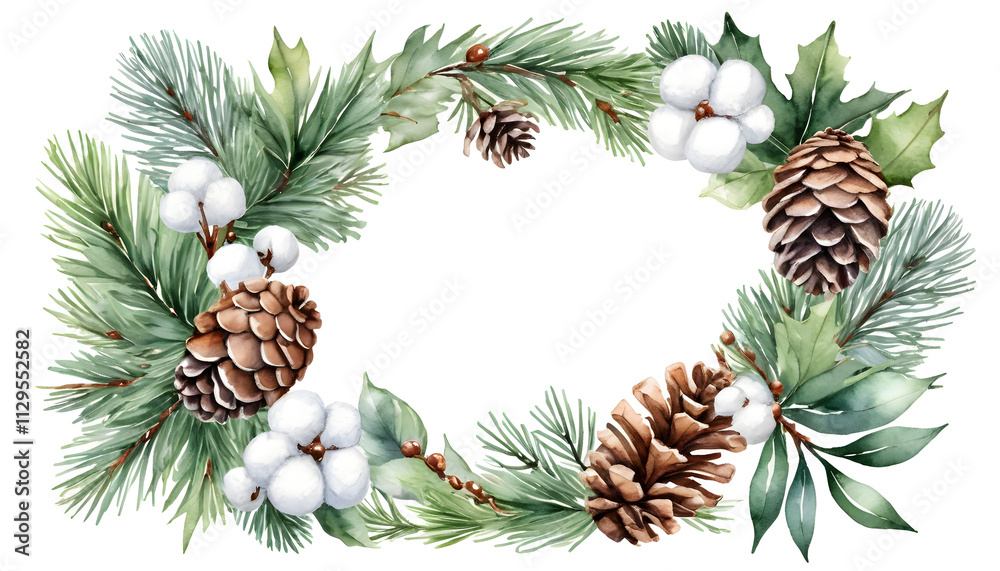 Fototapeta premium Merry Christmas watercolour decor greetings Happy New Year wishes and Xmas elegant Christmas card, with fir branches, pine cone, cotton, leaves, Botanical winter greenery holiday illustration white.