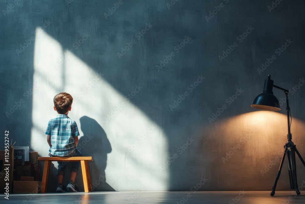Young child sitting quietly on a stool in a sunlit room with dramatic shadows during the afternoon Young child sitting quietly on a stool in a sunlit room with dramatic shadows during the afternoon
