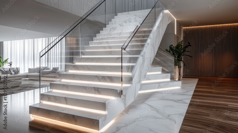 White marble L-shaped floating stairs with RGB LED strip lights under each tread, tempered glass balustrades, and a luxurious interior with a polished hardwood floor White marble L-shaped floating stairs with RGB LED strip lights under each tread, tempered glass balustrades, and a luxurious interior with a polished hardwood floor