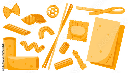 Set of different pasta types. Farfalle, ditalini, macaroni, penne, spaghetti, lasagne. Dry Italian food collection. Vector illustration in cartoon style. Isolated white background