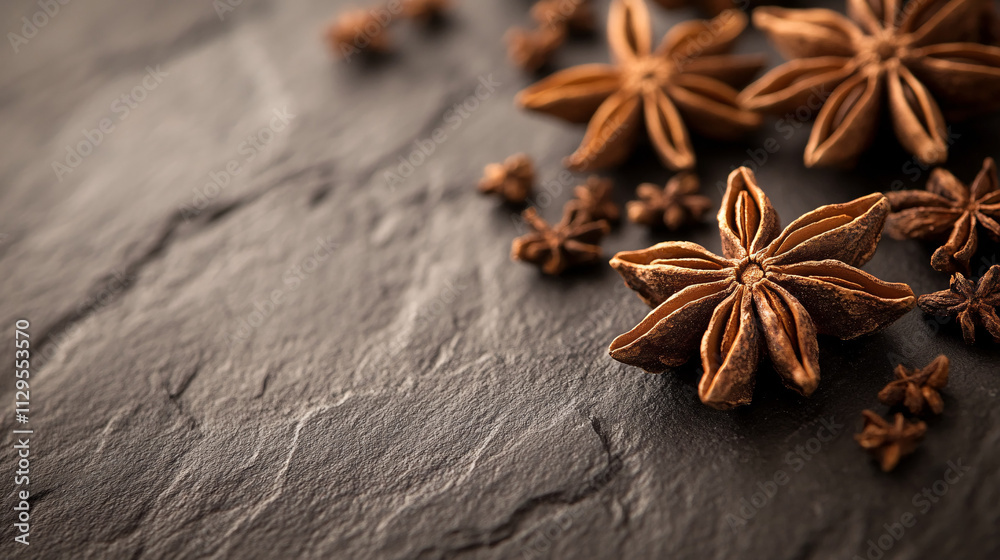 Detailed Close-up View of Star Anise Spices on Textured Dark Stone Surface Detailed Close-up View of Star Anise Spices on Textured Dark Stone Surface