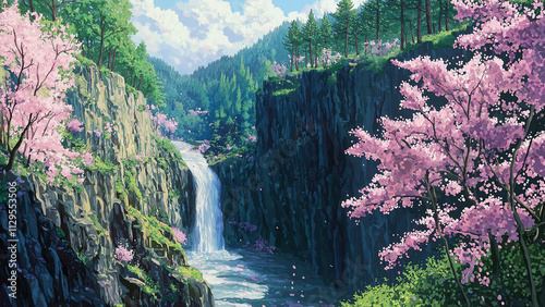 Water flows through a forest canyon. Illustrations that look like a scene from an anime or game background. Blue sky, sun, clouds, sunset, night, fog, snow, rain, autumn, etc. photo