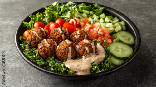 Falafel Salad Bowl Healthy Mediterranean Cuisine Fresh Vegetables Tahini Dressing