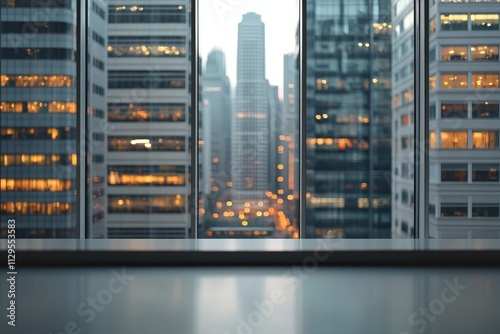 City skyline view through large office windows at dusk with lights illuminating tall buildings photo