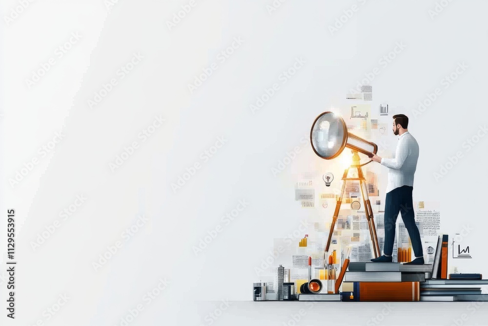 Professional man using a large magnifying glass to analyze business charts and documents in a creative workspace Professional man using a large magnifying glass to analyze business charts and documents in a creative workspace
