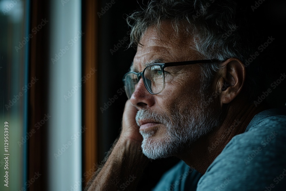 Deep contemplation of an older man gazing out a window during a quiet evening at home Deep contemplation of an older man gazing out a window during a quiet evening at home