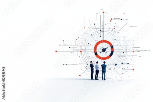 Professionals discussing data visualization in a modern business setting with analytical graphics on a white background