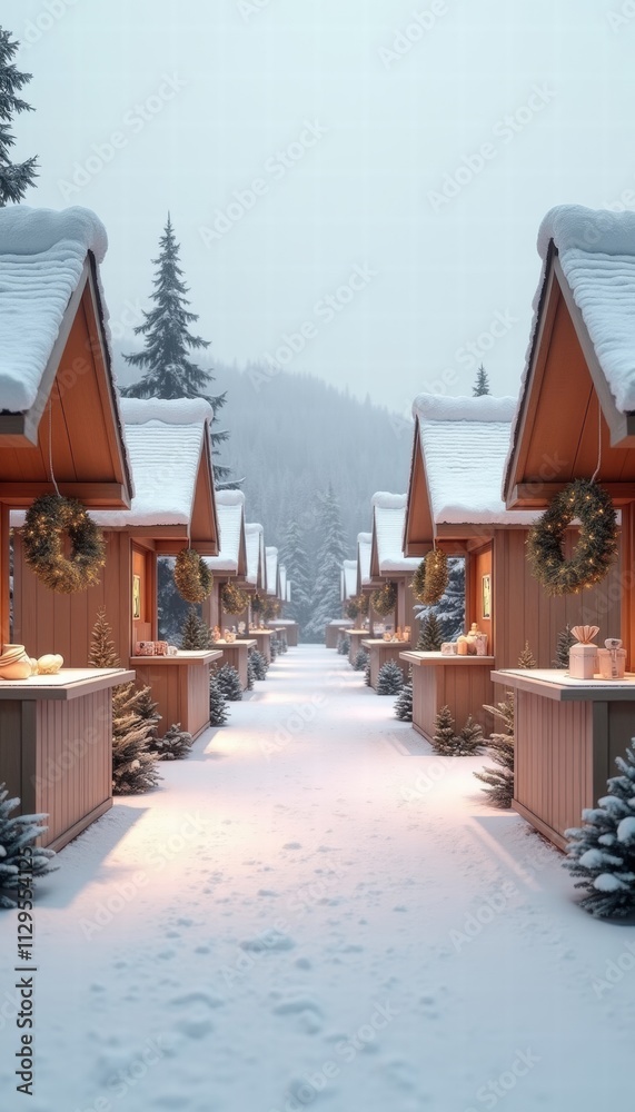 Fototapeta premium Cozy winter scene featuring snow-covered cabins adorned with festive wreaths, perfect for promoting holiday tourism and winter getaways.