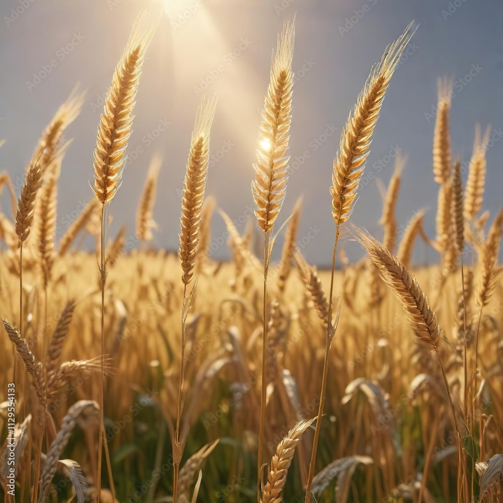 Wheat stalks shimmer like gold in the sunlight on a serene summer morning, dewy grass, wheat crops Wheat stalks shimmer like gold in the sunlight on a serene summer morning, dewy grass, wheat crops