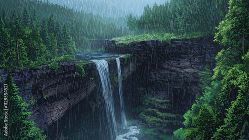 Water flows through a forest canyon. Illustrations that look like a scene from an anime or game background. Blue sky, sun, clouds, sunset, night, fog, snow, rain, autumn, etc. photo