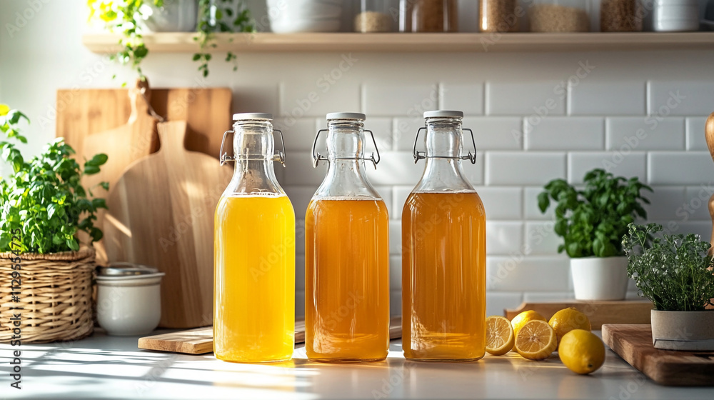 Homemade Kombucha Bottles  Kitchen Counter  Healthy Drink