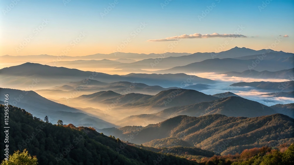 Obraz premium Majestic mountain range during sunrise with glowing golden light, misty valleys, and clear blue sky, showcasing the beauty of nature in vivid detail