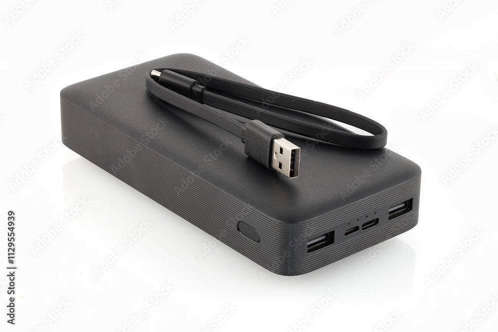 Additional self-contained external battery for charging mobile and other device. Power bank isolated on white background. Full depth of field. Additional self-contained external battery for charging mobile and other device. Power bank isolated on white background. Full depth of field.