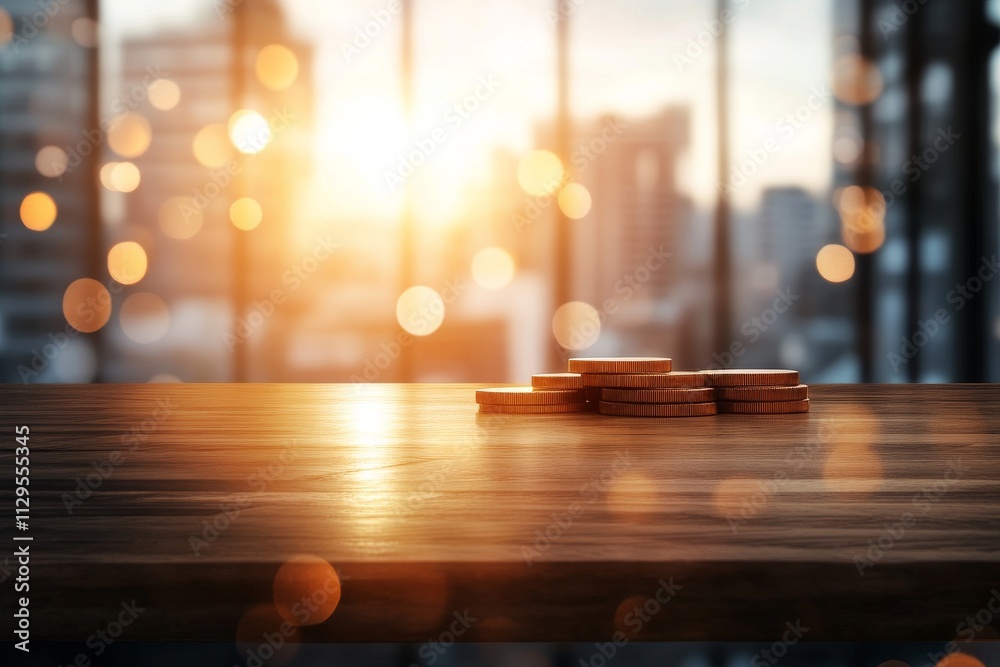 Sunset over stacked coins on a wooden table in a modern city setting Sunset over stacked coins on a wooden table in a modern city setting