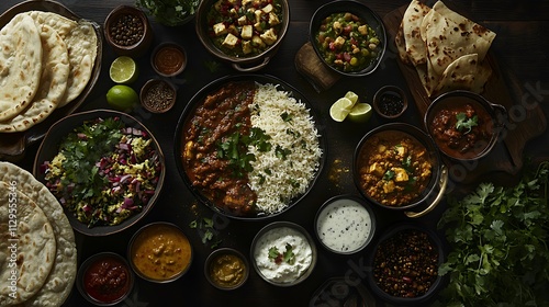 Traditional Indian dinner with a variety of flavorful dishes and naan bread.