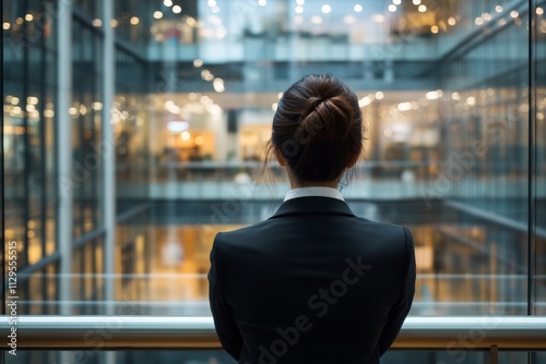 Business professional contemplates future while observing a modern office environment in the evening