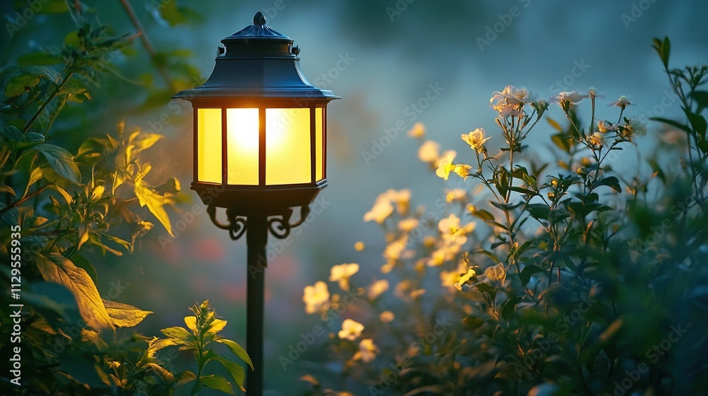 Illuminated garden lantern amidst blooming flowers and soft fog at dawn. Illuminated garden lantern amidst blooming flowers and soft fog at dawn.