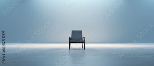 Single chair in the middle of a vast, empty room with a light blue background. the chair is facing towards the right side of the image and is positioned in the center of the room.