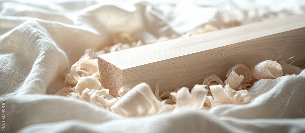 Light-colored wooden block surrounded by wood shavings on a white cloth. Light-colored wooden block surrounded by wood shavings on a white cloth.