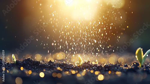 Close up of raindrops evaporating on soil as sunlight creates warm glow, highlighting new plant growth and beauty of nature