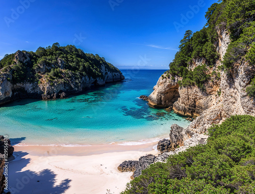 Beautiful secluded beach with turquoise water and lush green cliffs