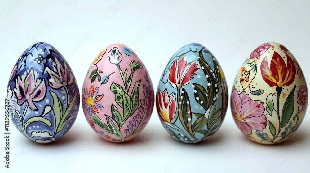 Four eggs are arranged in a row, each with intricate floral patterns in various colors. Concept of artistic decoration and celebration. Four eggs are arranged in a row, each with intricate floral patterns in various colors. Concept of artistic decoration and celebration.