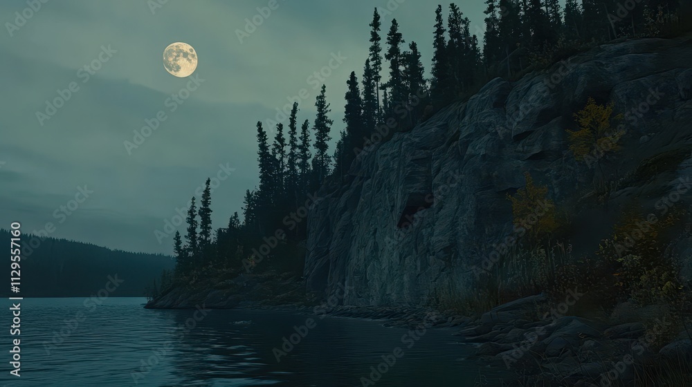A serene lakeside scene under a full moon with pine trees and rocky cliffs. A serene lakeside scene under a full moon with pine trees and rocky cliffs.