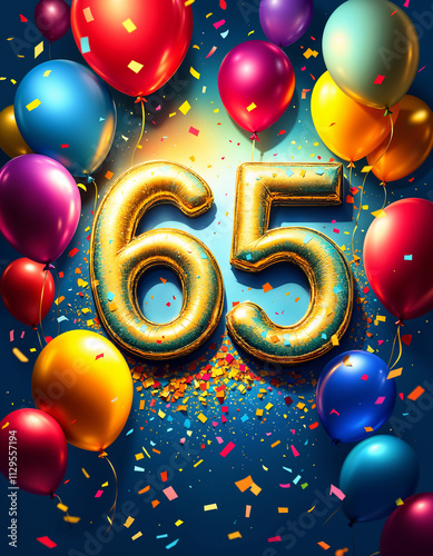 65th Birthday Card Design with Bold Number 65 and Colorful Balloons photo