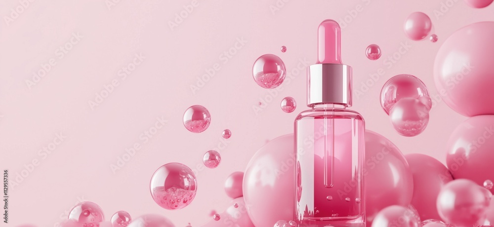 Pink serum bottle surrounded by bubbles, soft pink background, elegant beauty product display, copy space for text Pink serum bottle surrounded by bubbles, soft pink background, elegant beauty product display, copy space for text