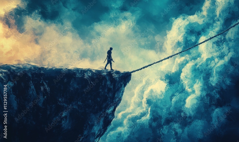 Fototapeta premium Solitary figure crosses chasm, perilous rope bridge, dramatic cloudscape.