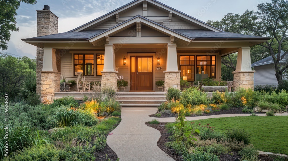 A Craftsman-style home with a cozy front porch, tall stone columns, and an ornamental garden path leading up to the front door A Craftsman-style home with a cozy front porch, tall stone columns, and an ornamental garden path leading up to the front door