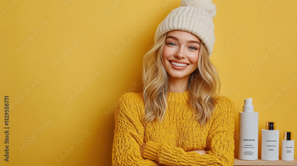 A cheerful woman with wavy blonde hair smiles at the camera, wearing a yellow sweater and a white knit hat. She stands against a vibrant yellow backdrop with skincare products displayed nearby. A cheerful woman with wavy blonde hair smiles at the camera, wearing a yellow sweater and a white knit hat. She stands against a vibrant yellow backdrop with skincare products displayed nearby.
