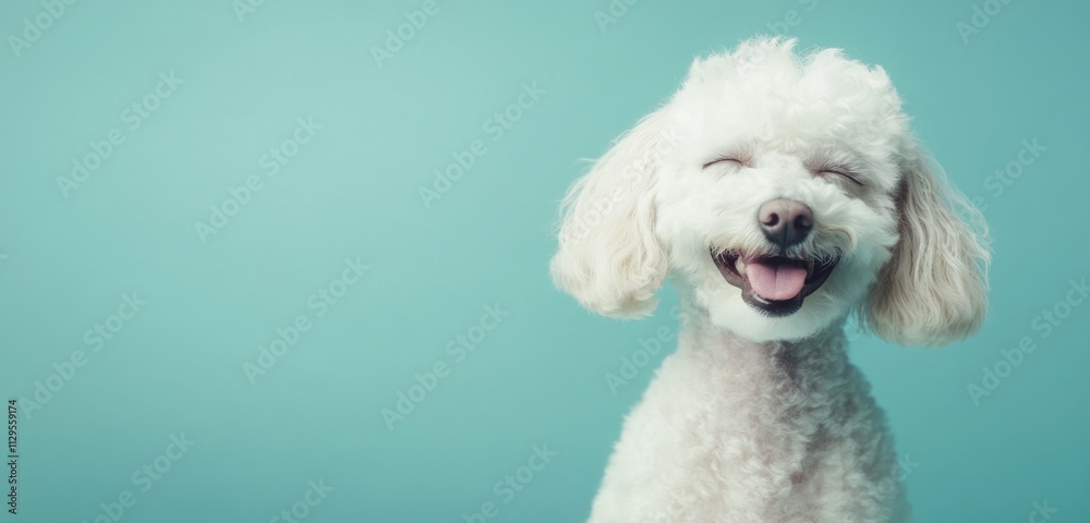 Happy white poodle dog smiling against a teal background. Happy white poodle dog smiling against a teal background.
