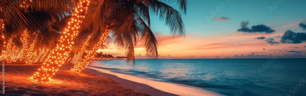 Tropical beach sunset with holiday-lit palm trees Tropical beach sunset with holiday-lit palm trees