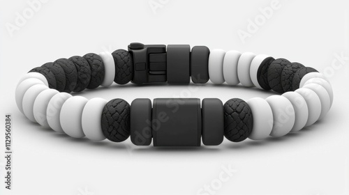 A close-up view of a stylish black and white bracelet featuring various materials, showcasing a modern accessory design. photo