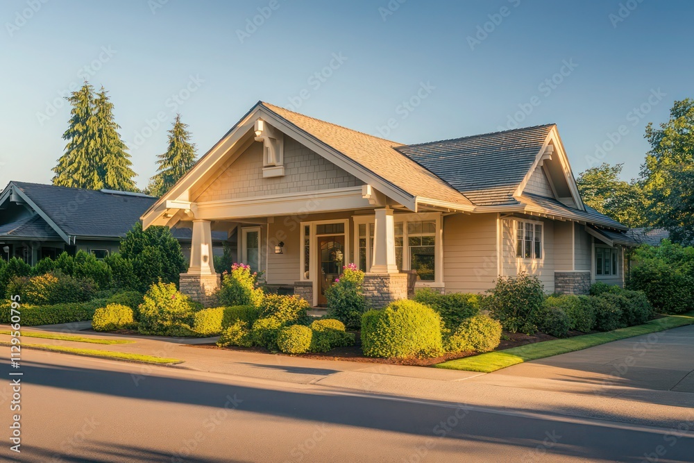 A Craftsman-style house in muted sandy beige, set on a quiet street with manicured shrubs and soft morning light casting long shadows A Craftsman-style house in muted sandy beige, set on a quiet street with manicured shrubs and soft morning light casting long shadows