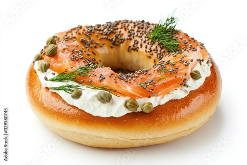 Bagel topped with salmon cream cheese dill and capers for breakfast