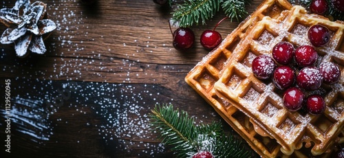 Waffles topped with cranberries, festive decoration, winter scene, copy space for text photo